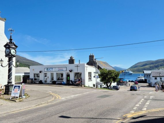 The centre of Ullapool looking down towards the water front and the pier.