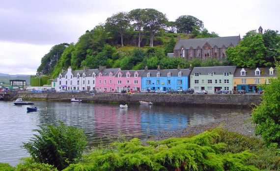 Portree is the main town on Skye. The name is an Anglicised version of the Gaelic "Port-an-Righ" meaning "King's Port" and relates to a visit by King James V in 1540.